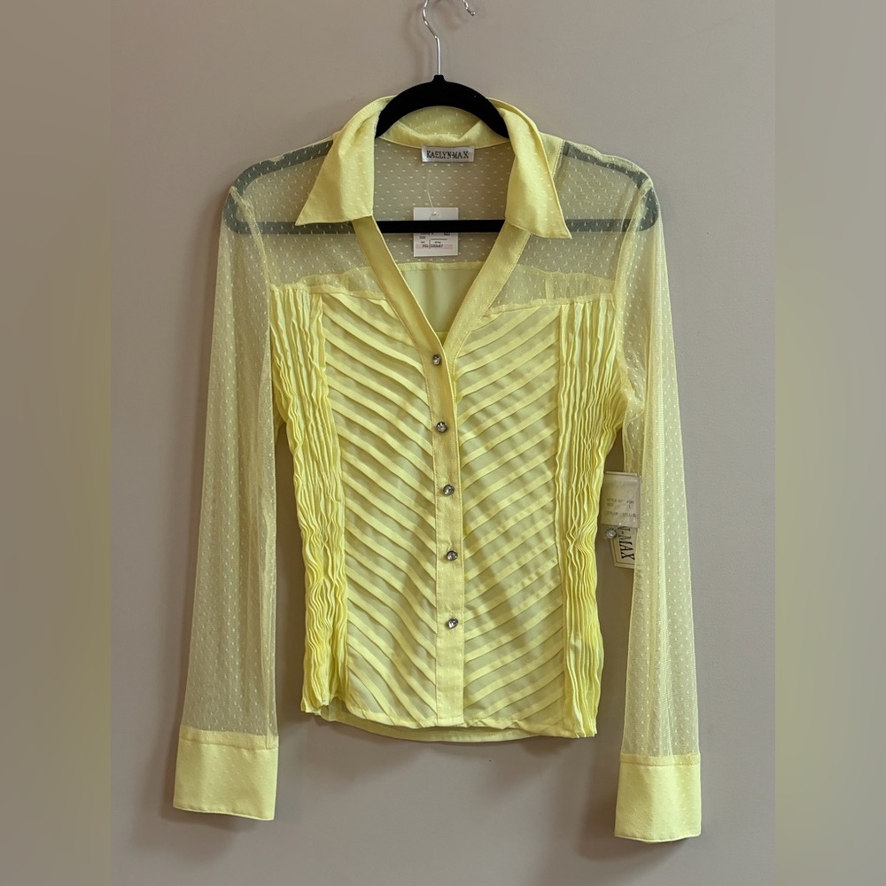 NWT Kaelyn Max Y2K Sheer Yellow Button Down Long Sleeve Blouse Shirt Top